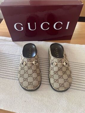 Gucci Brown and Beige GG Canvas Horsebit Slide